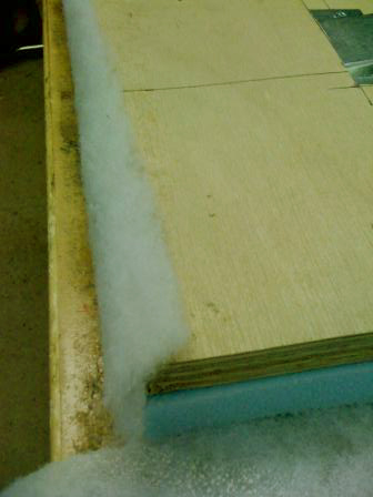 Polyester being glued around edge of headboard